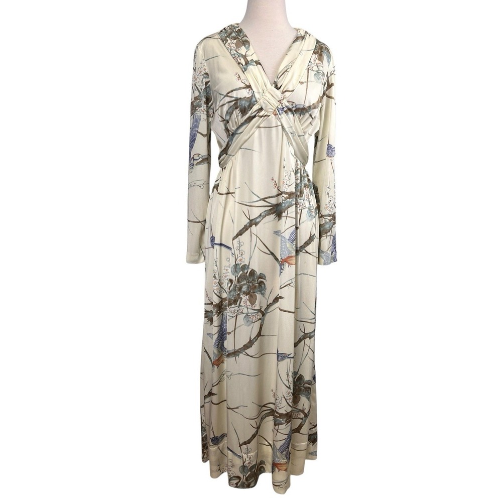 Vintage Tanglwood Maxi Dress Chinoiserie Bird Print Boho‎ Watercolor Duck sz 14